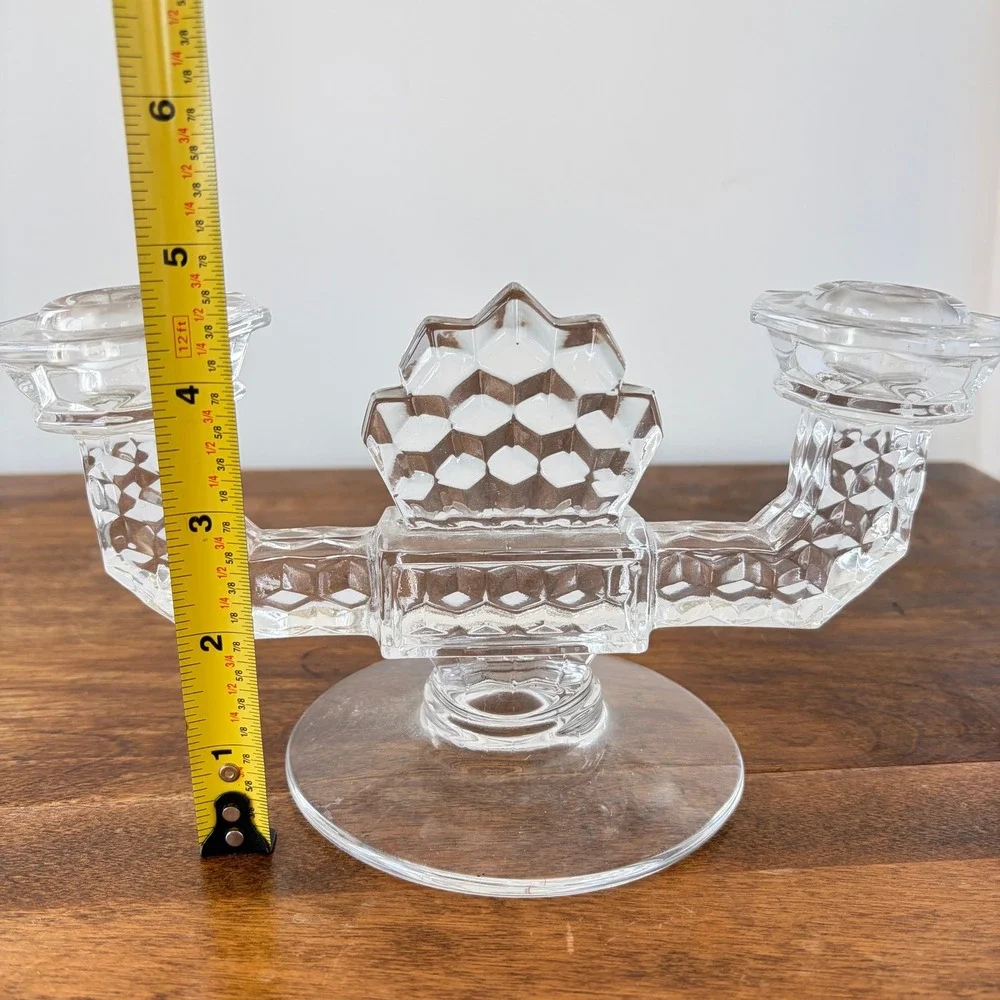 Vintage Double Arm Glass Candelabra Honeycomb Geometric Clear Candle Holder